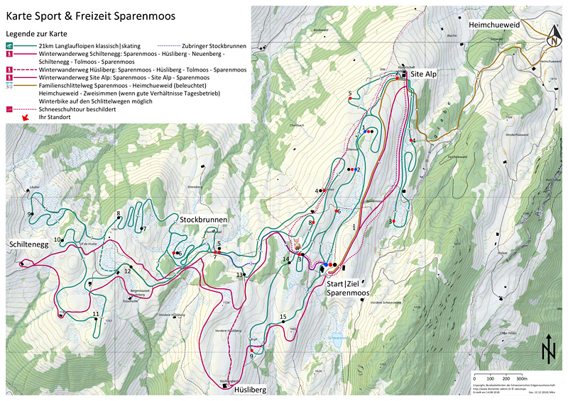 Karte für Langlaufloipe, Winterwandern, Schlitteln